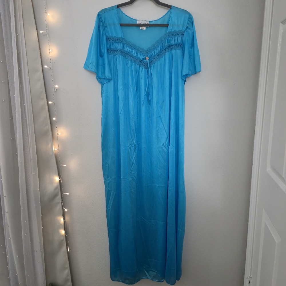 Anthony Richards Vintage Turquoise Lace Trim Nightgown Size L Maxi Sleep Dress